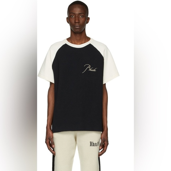 Rhude Black & Off-White Piqué Raglan T-Shirt - Picture 2 of 13